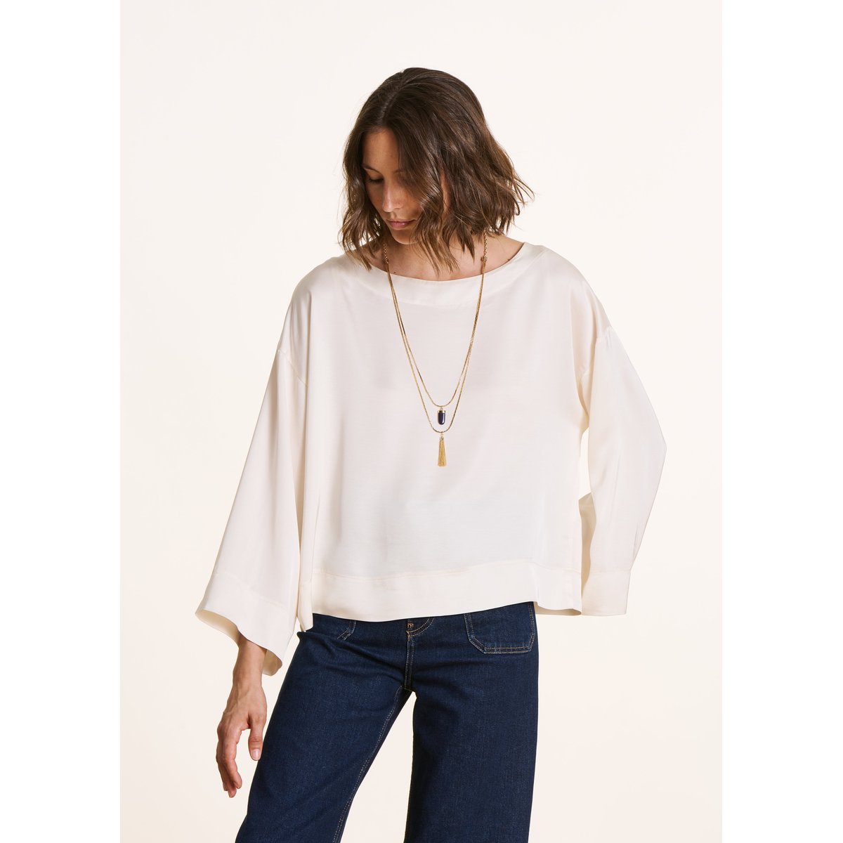 Top ample en satin manches longues blanc casse, LA FEE MARABOUTEE