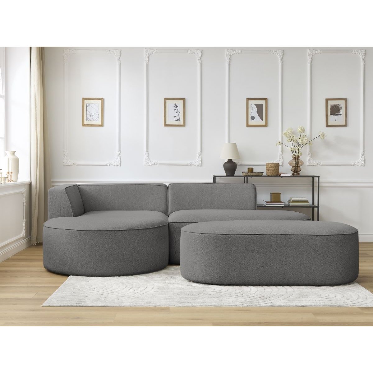 Canapé d'angle fixe 5 places en tissu chiné avec pouf, ROUSSEAU gris foncé, BOBOCHIC