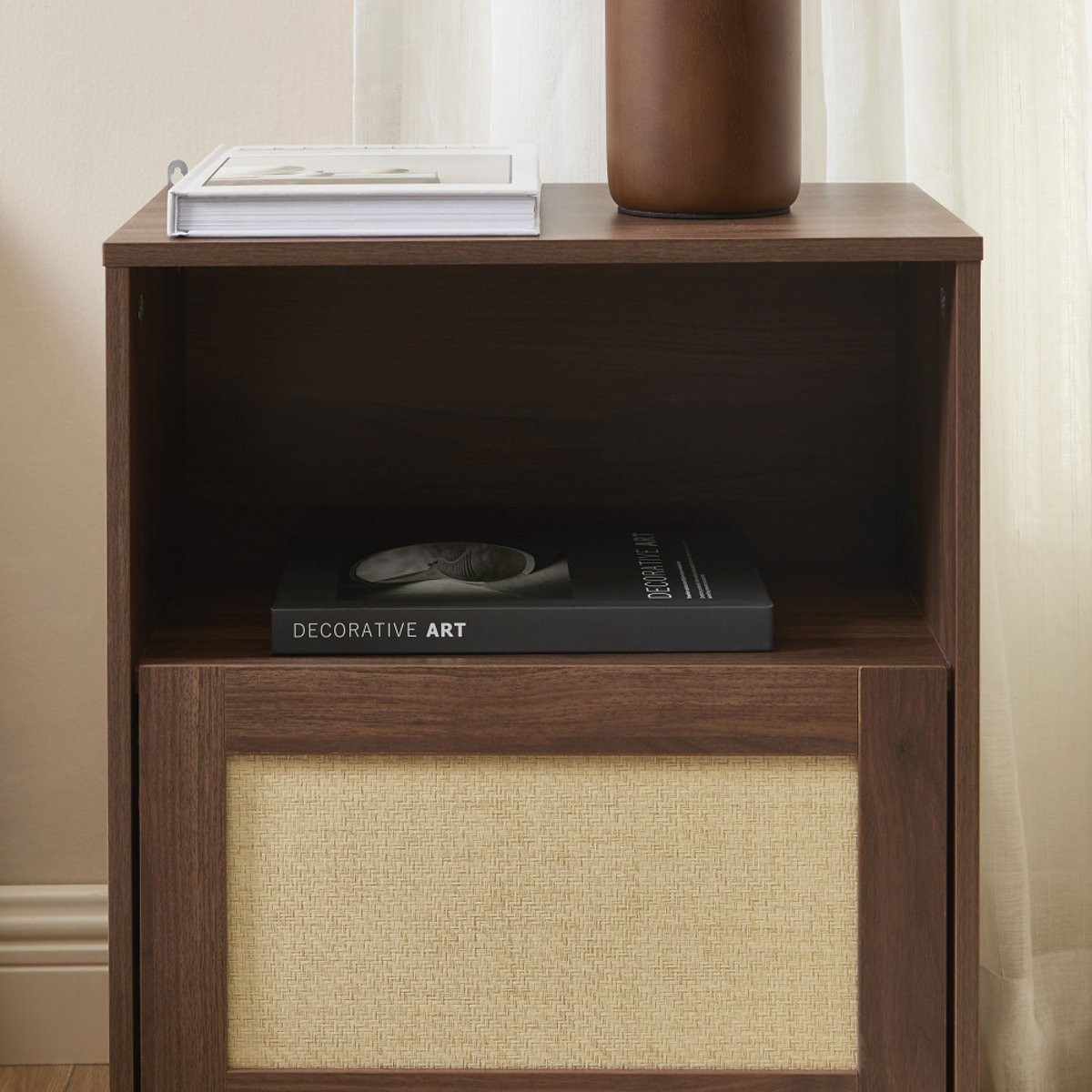 Table de chevet 1 porte en bois et cannage- ESTELA bois foncé, DRAWER