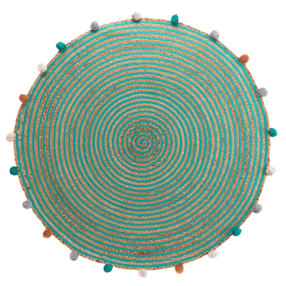 Tapis rond pompons 90  jute polycoton Baloo bleu, DECORATIE