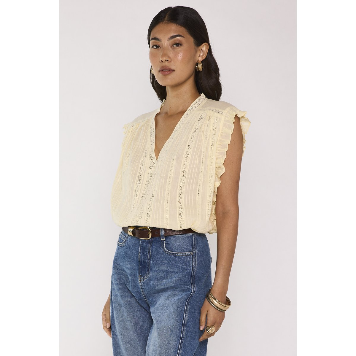 Blouse brodée sans manches en coton MARA paille, Maison 123
