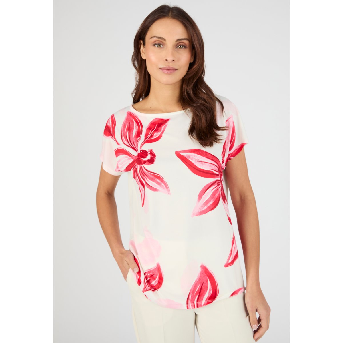 T-shirt crêpe imprimé devant rouge fleuri, DAMART