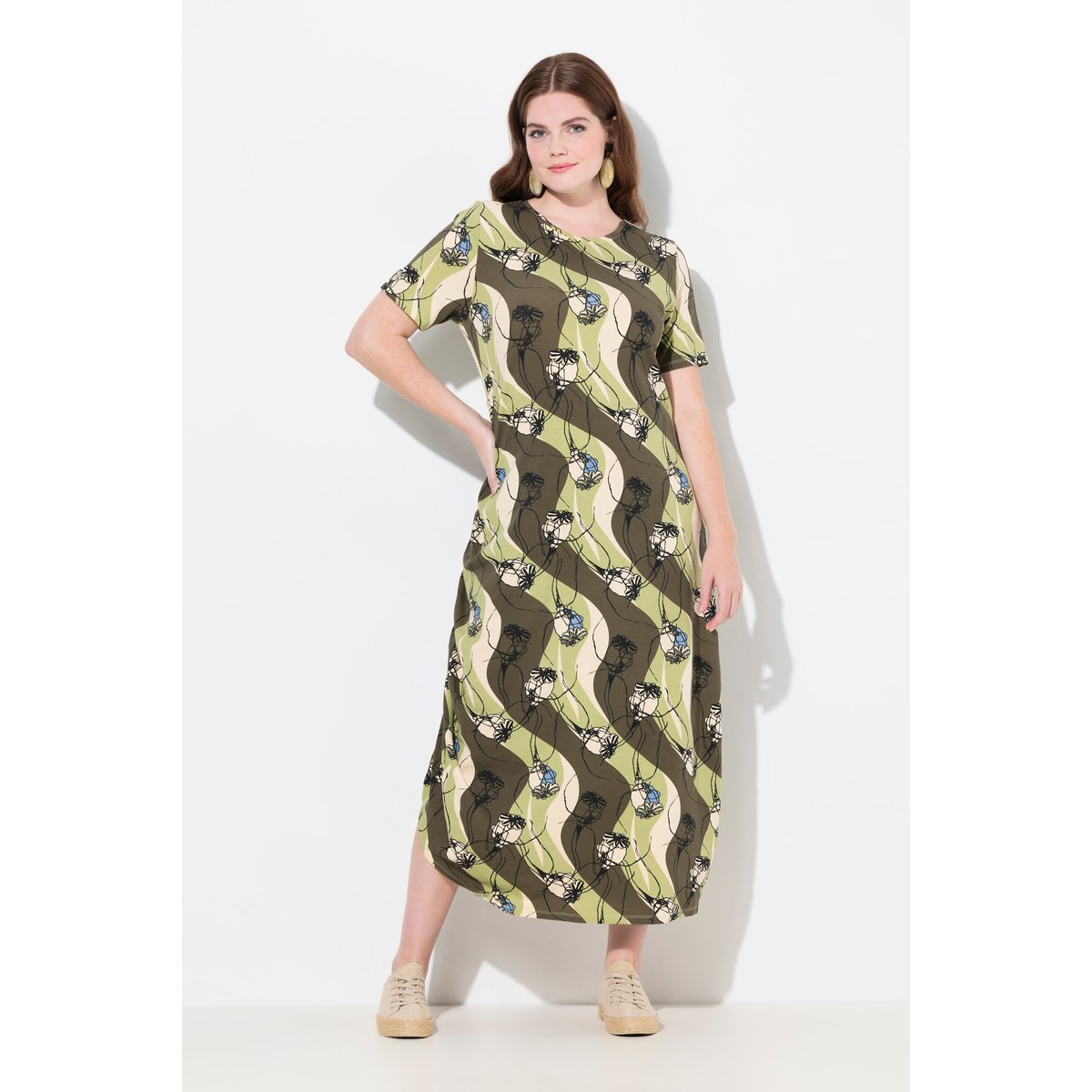 Robe Longue En Jersey, Encolure Ronde marron kaki, ULLA POPKEN