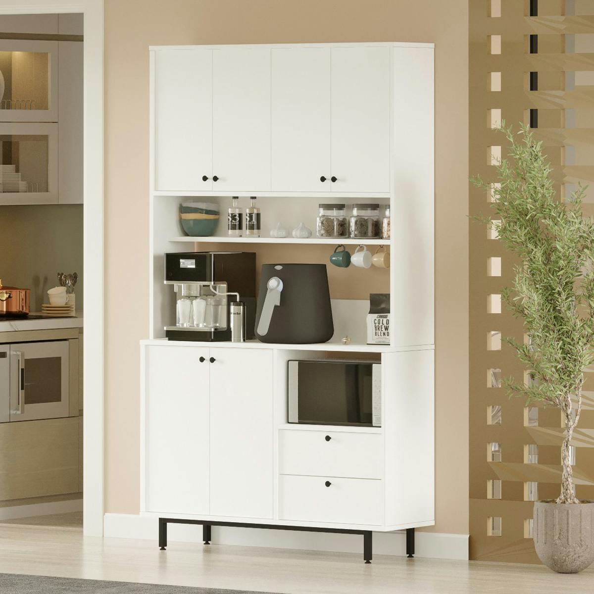 Buffet de cuisine haut multi rangements JENA blanc, PIER IMPORT