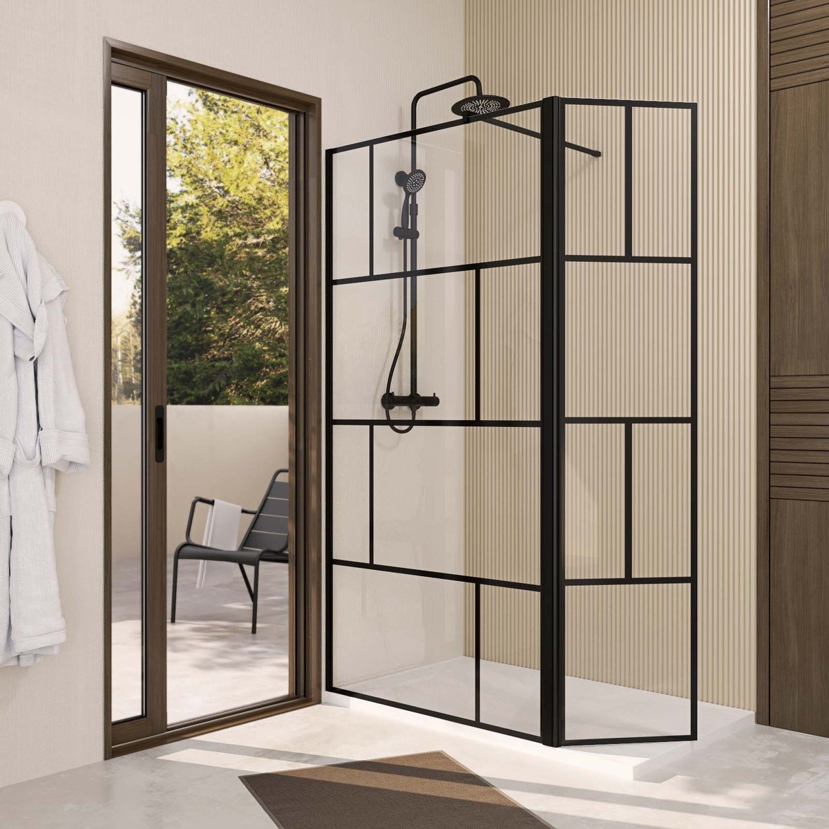 Paroi de douche sérigraphiée avec volet pivotant en verre trempé anticalcaire noir, HOME MAISON