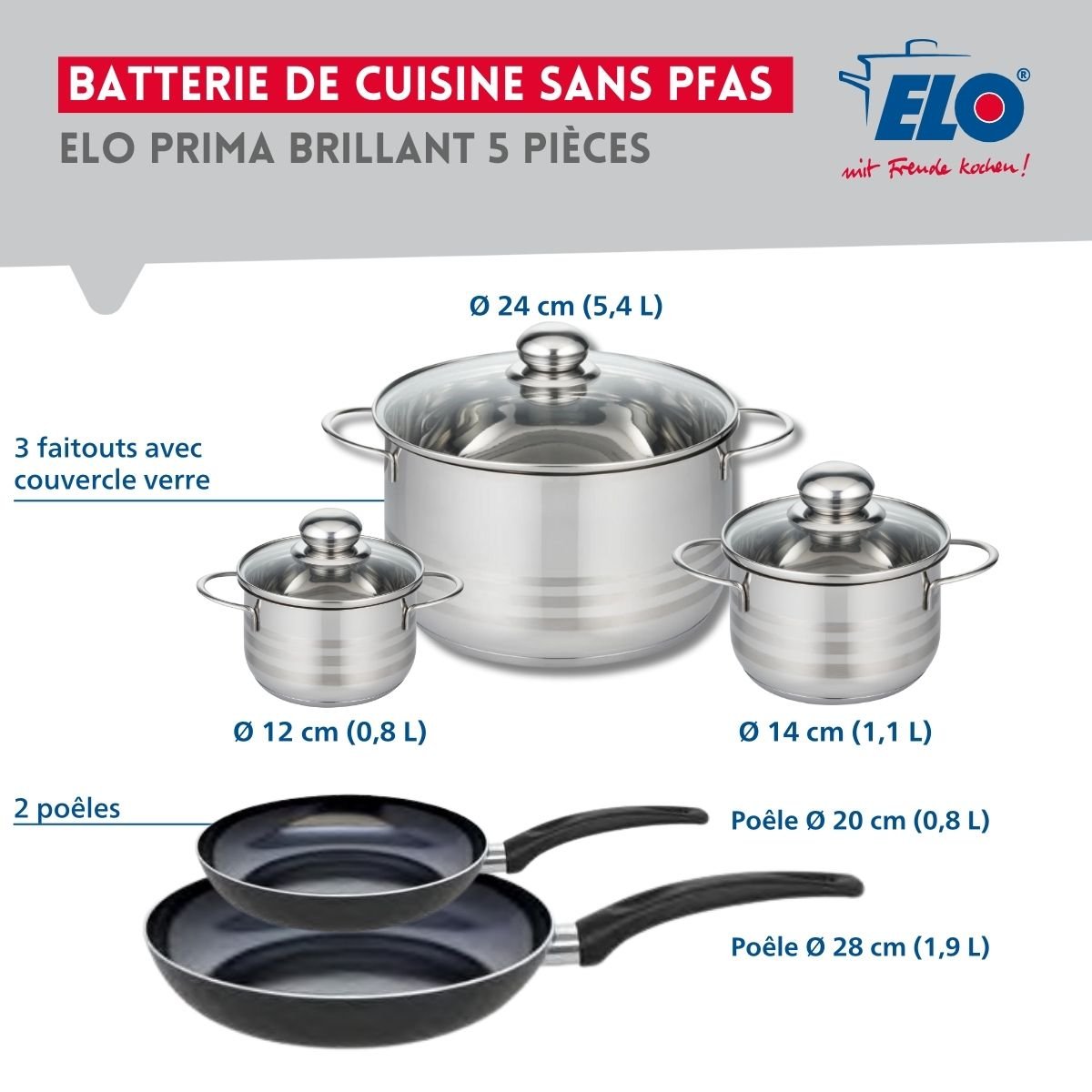Batterie 2 poêles 20/28cm + 3 faitouts 12/14/24cm PRIMA BRILLANT noir, ELO
