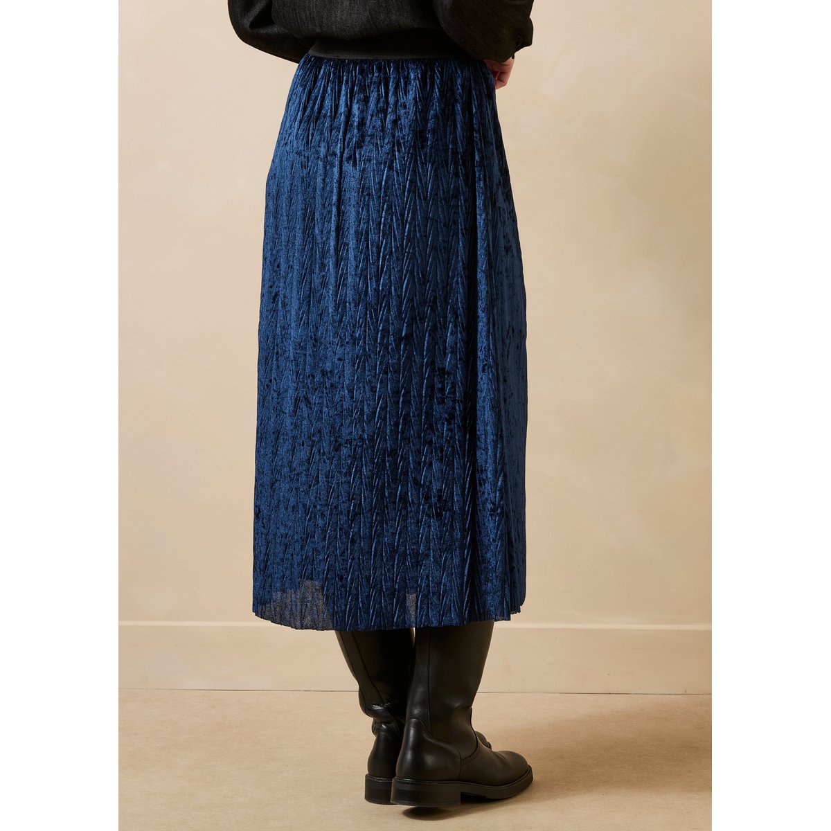 Jupe midi en velours plissé marine, LA FEE MARABOUTEE