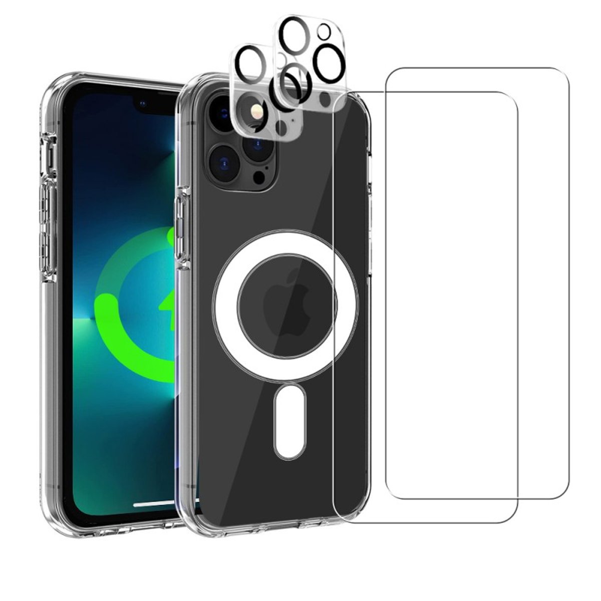 Coque Anti-choc compatible Magsafe pour iPhone 13 Pro Transparente + 2 protections écran et 2 protections objectif caméra transparent, EVETANE