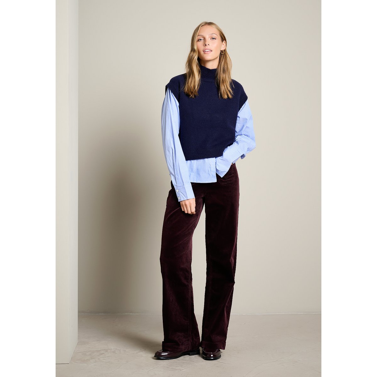 Pull col montant effet chemise bleu marine, LOLALIZA