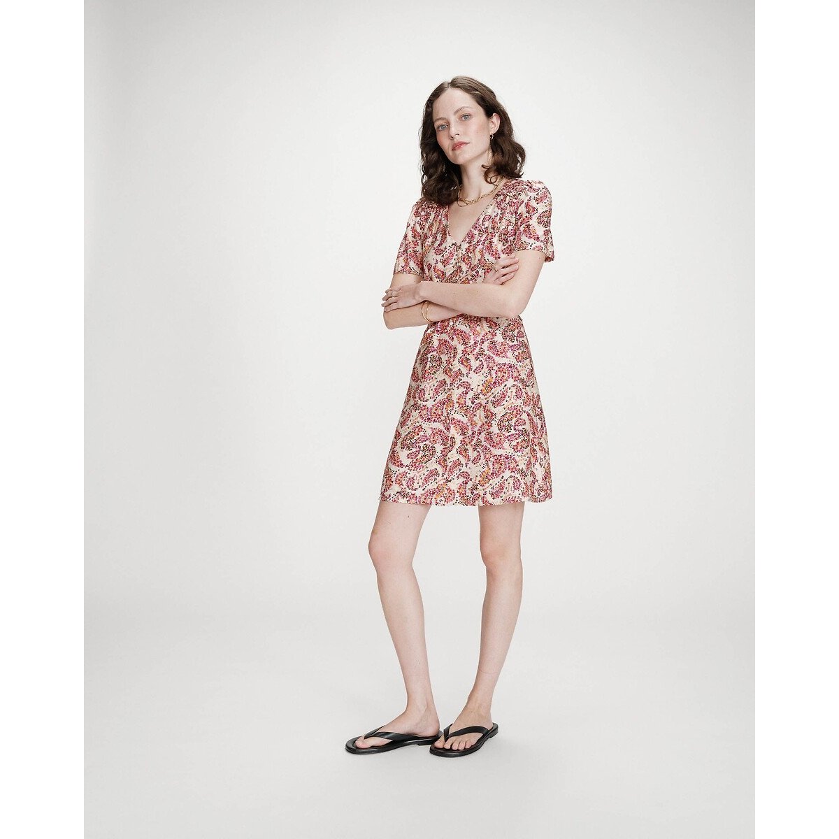 Kurzes bedrucktes Kleid, V-Ausschnitt VICTOIRE rosa bedruckt , GRACE & MILA