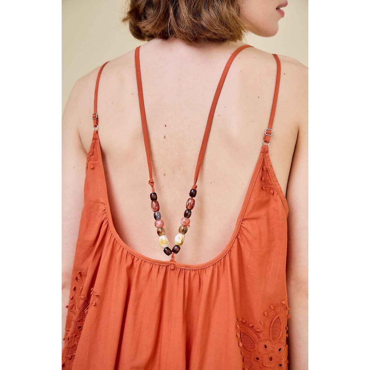 Embroidered Midi-Length Dress with Beaded Straps orange, SEE U SOON