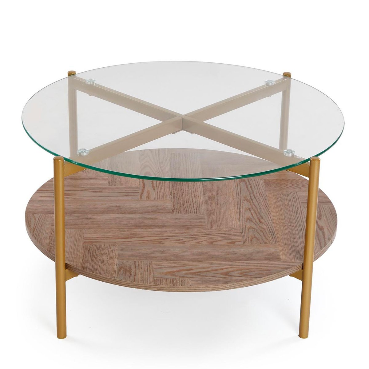 Table basse ronde 2 plateaux bois et verre 80x80x45cm bois, VERSA