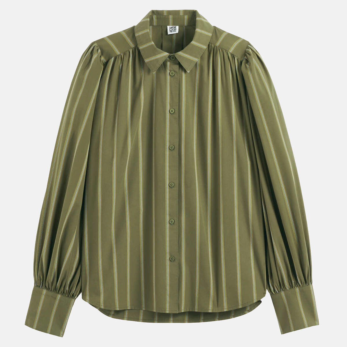 Chemise ample rayée à manches bouffantes en coton rayé vert/écru, LA REDOUTE COLLECTIONS