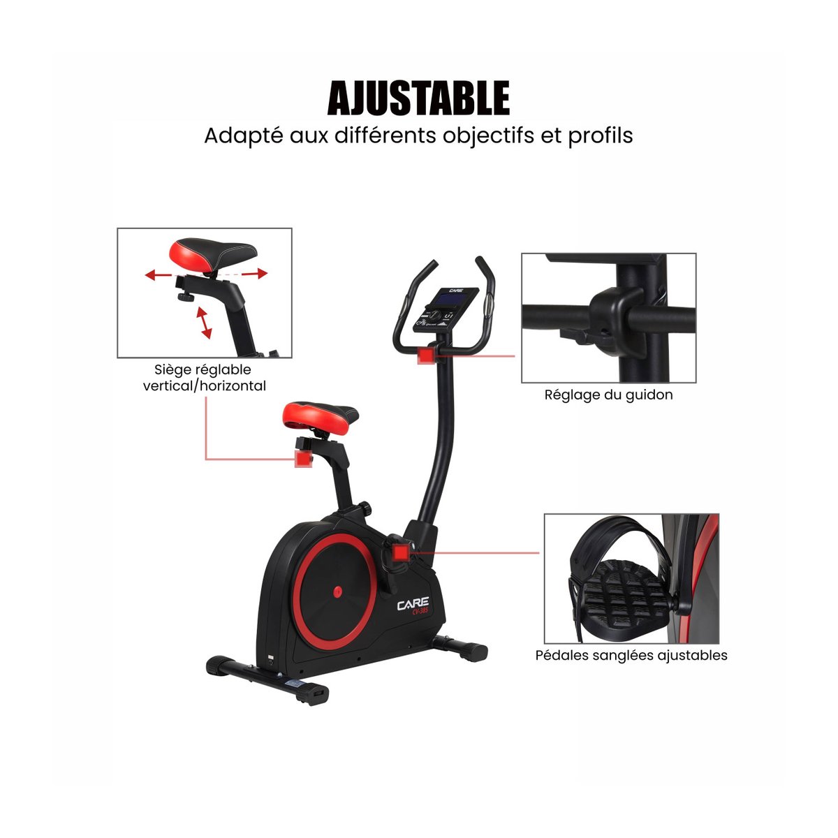 Vélo d'appartement - CARE - CV-385 - Ergomètre et connecté noir, CARE FITNESS