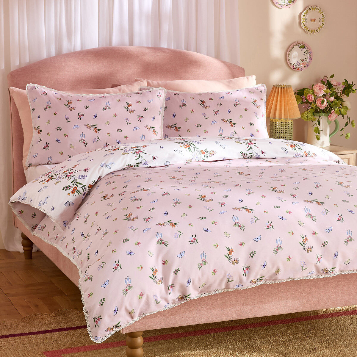 Flutter Floral Reversible Cotton Duvet Cover and Pillowcase Set pink, CATH KIDSTON
