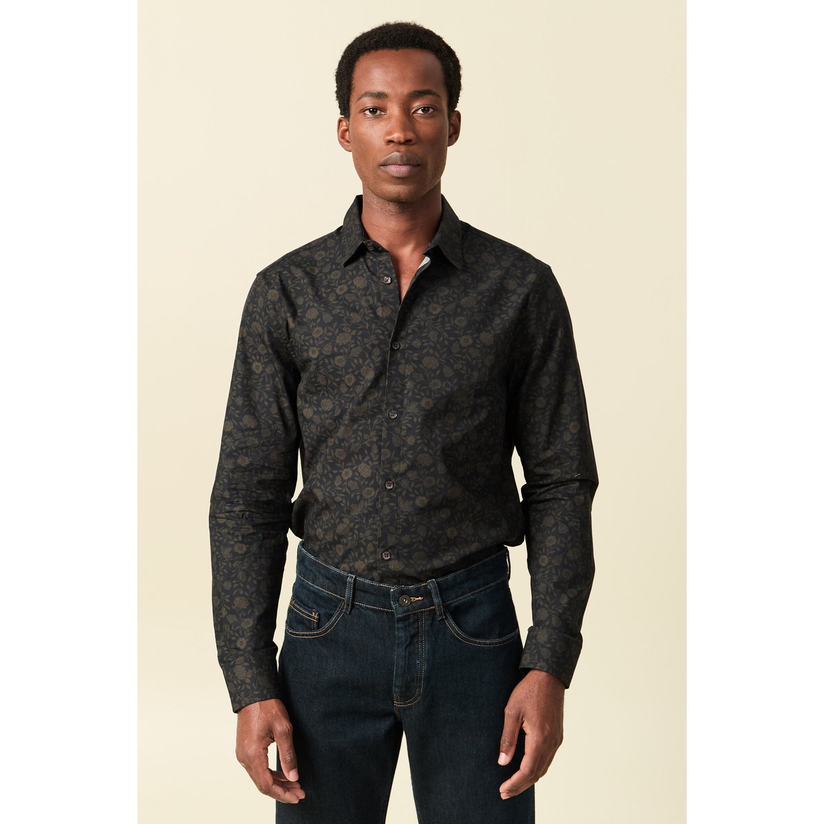 Chemise manches longues en coton noir, BONOBO