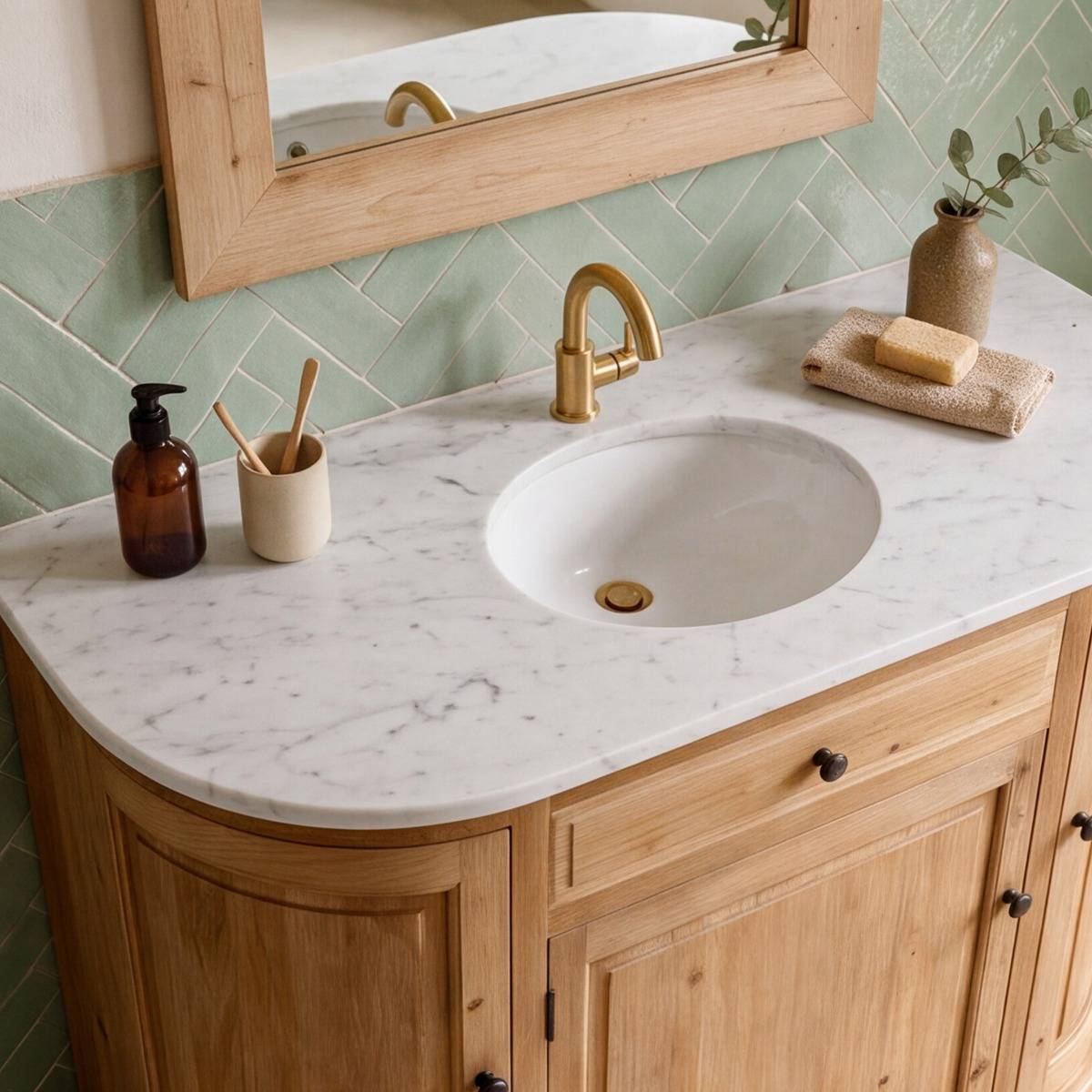 Meuble sous vasque bois recyclé et marbre GARANCE bois clair, MADE IN MEUBLES