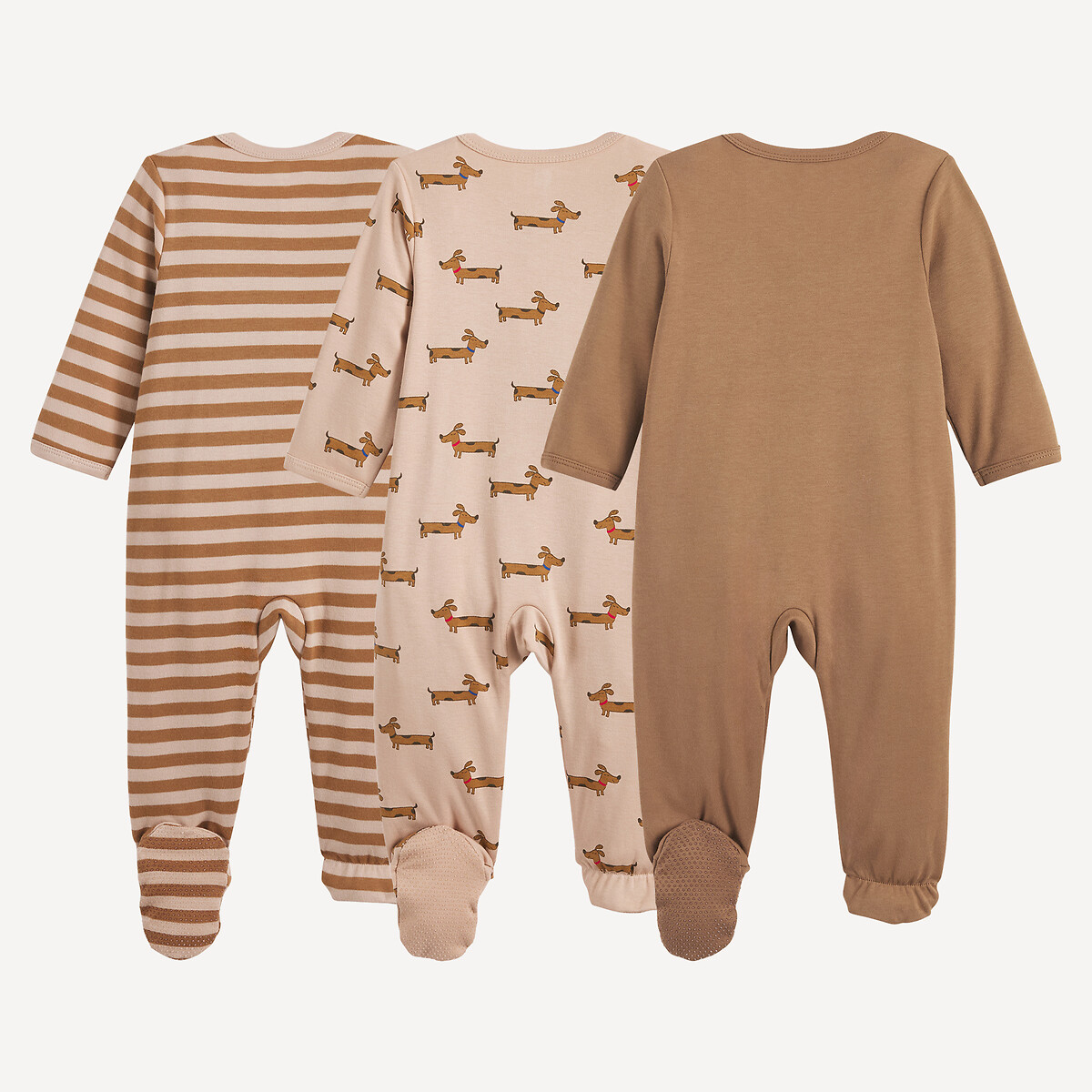 Lot de 3 pyjamas 1 pièce, en interlock, motif teckel et rayures marron/beige, LA REDOUTE COLLECTIONS