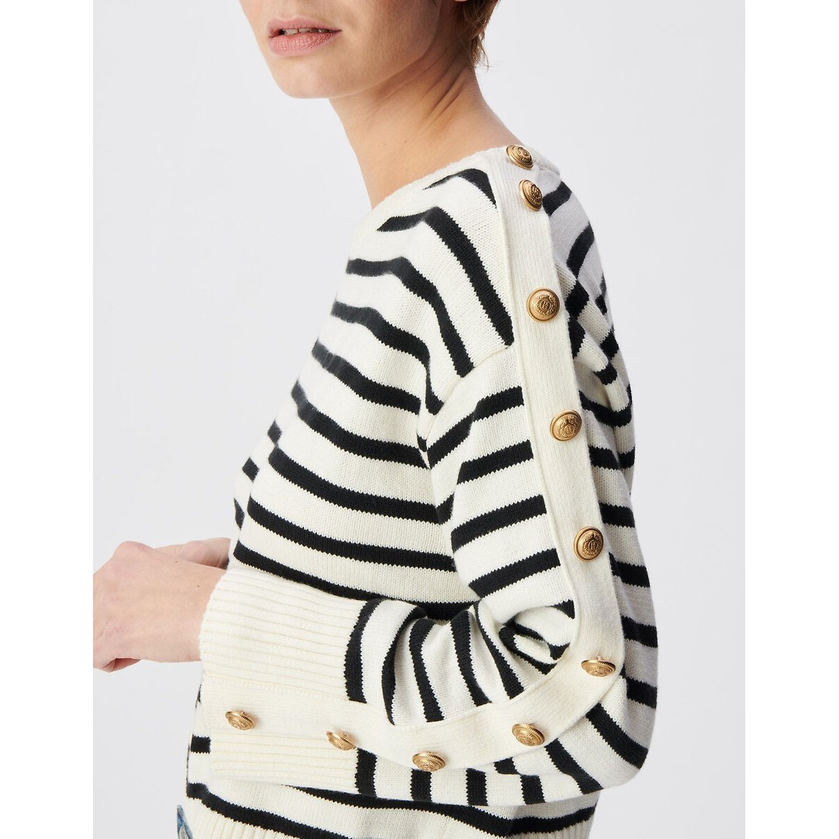 Maglia alla marinara con scollo rotondo e maniche abbottonate nero/bianco, IKKS