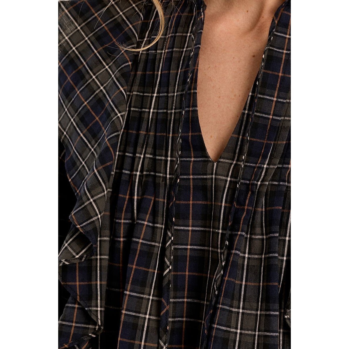 Geruite blouse met ruches geruit blauw, MOLLY BRACKEN