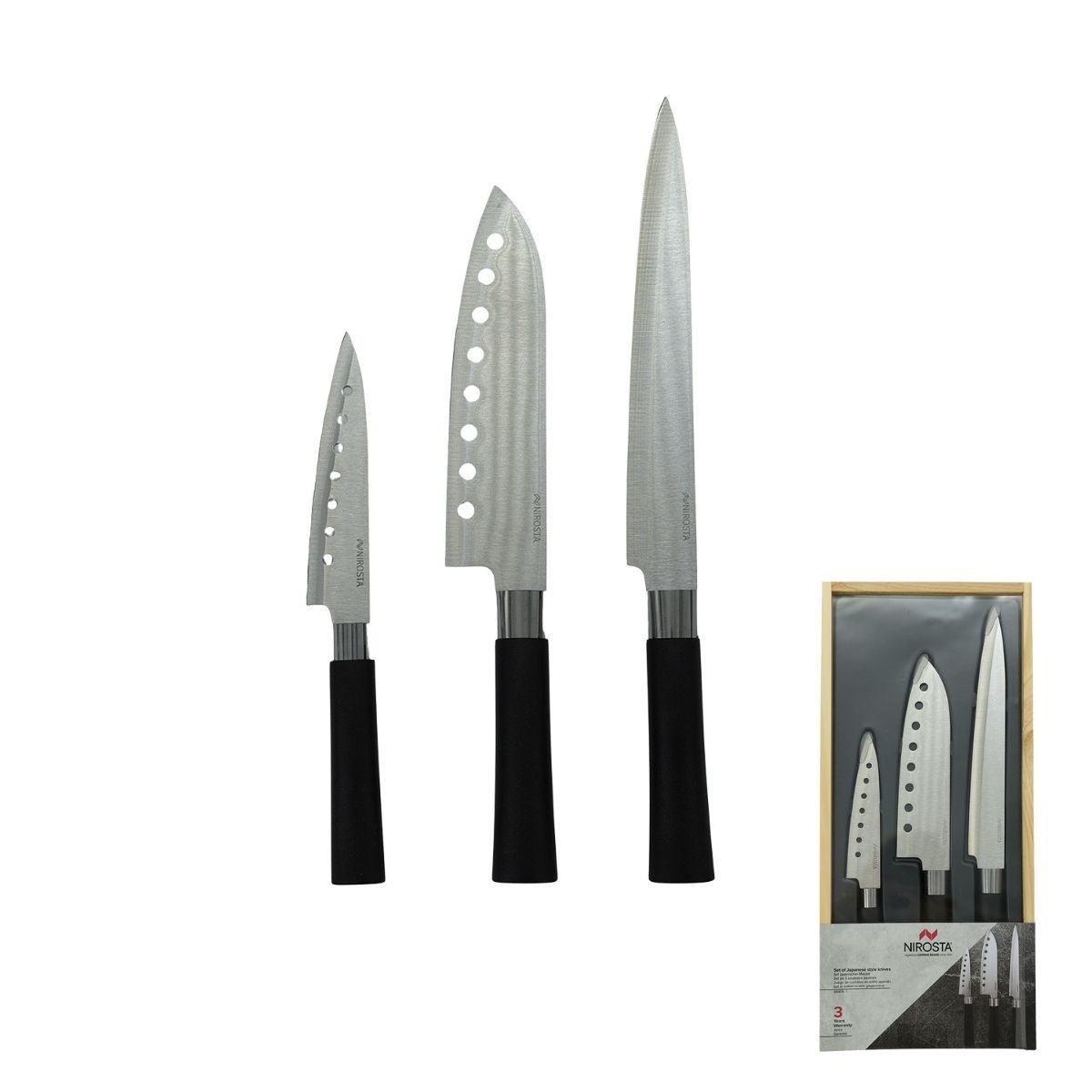 Coffret de 3 couteaux style Japonais Santoku, Gyuto et Honesuki gris,noir, FACKELMANN