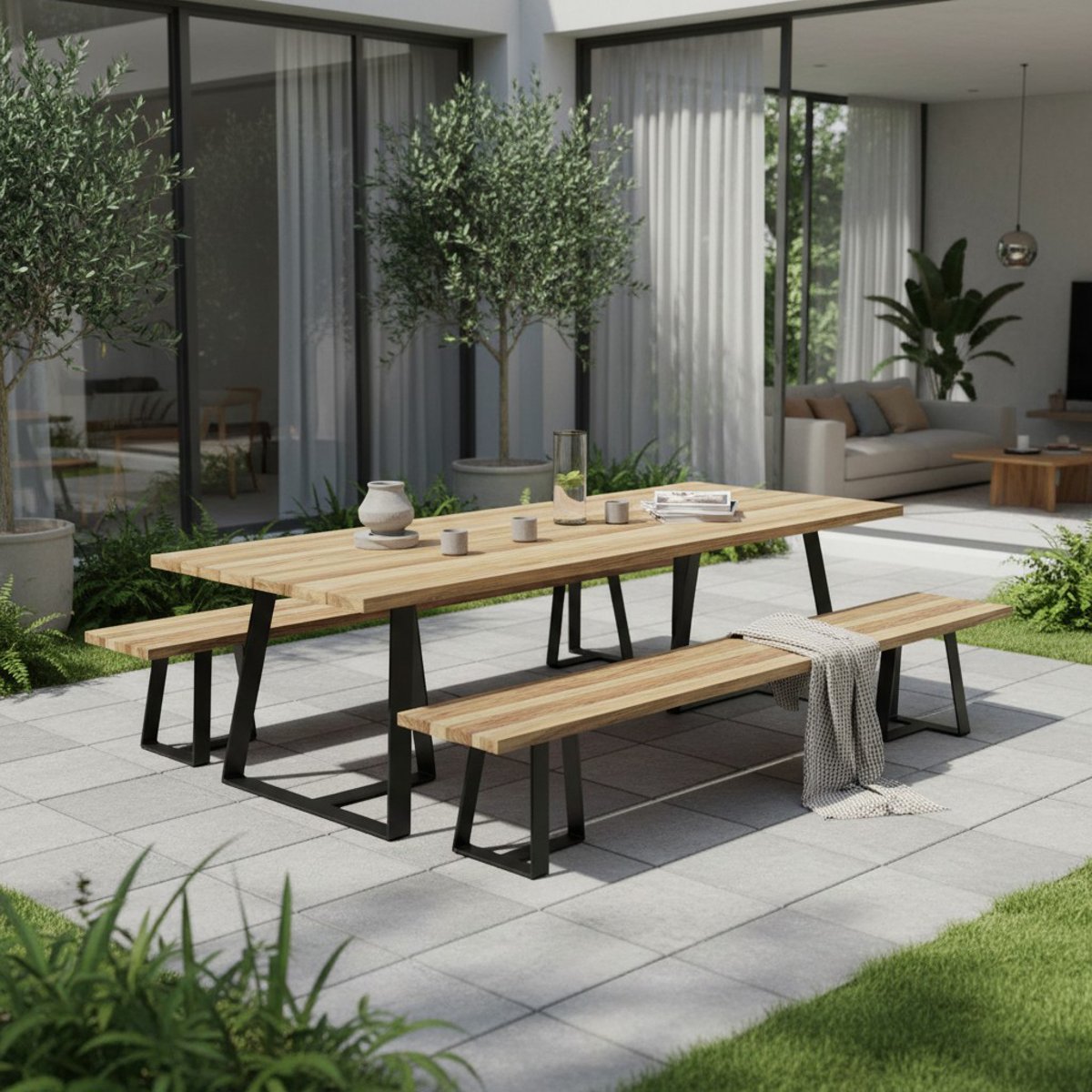 Table métal et teck recyclé 300 x 110 cmsay naturel, GECKO JARDIN