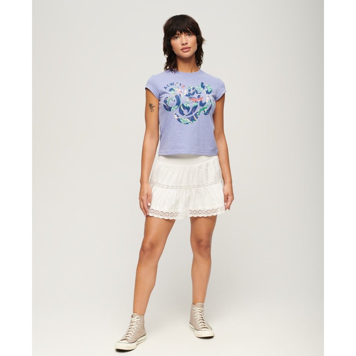 T-shirt à mancherons avec inscription florale violet chiné, SUPERDRY