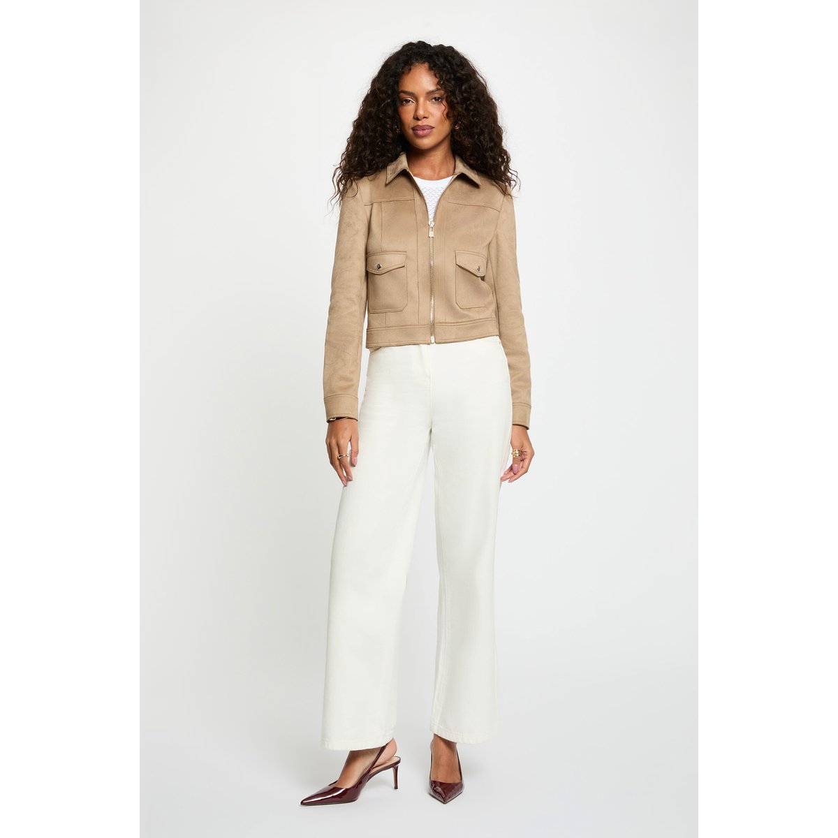 Blouson court suédine taupe, MORGAN