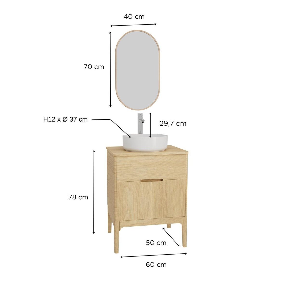 Ensemble meuble simple vasque 60cm + vasque + robinet + miroir ALASKA chêne - mdf - mat, MOB IN