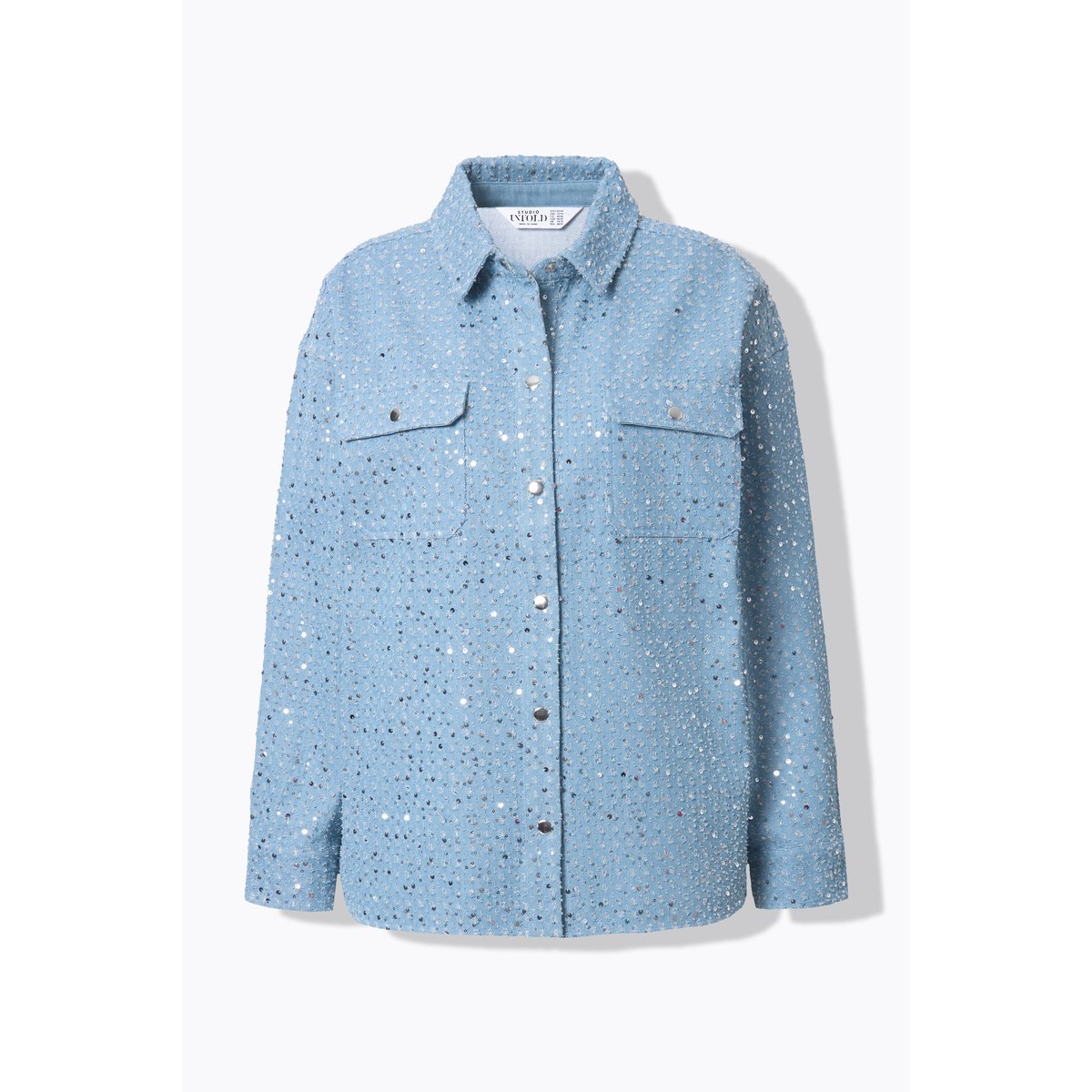 Veste-chemisier aspect jean, paillette bleu clair, STUDIO UNTOLD