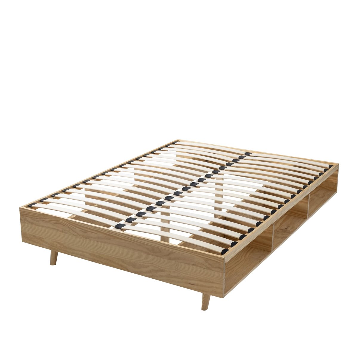 Lit en bois massif avec niches de rangement bois naturel, TERRE DE NUIT
