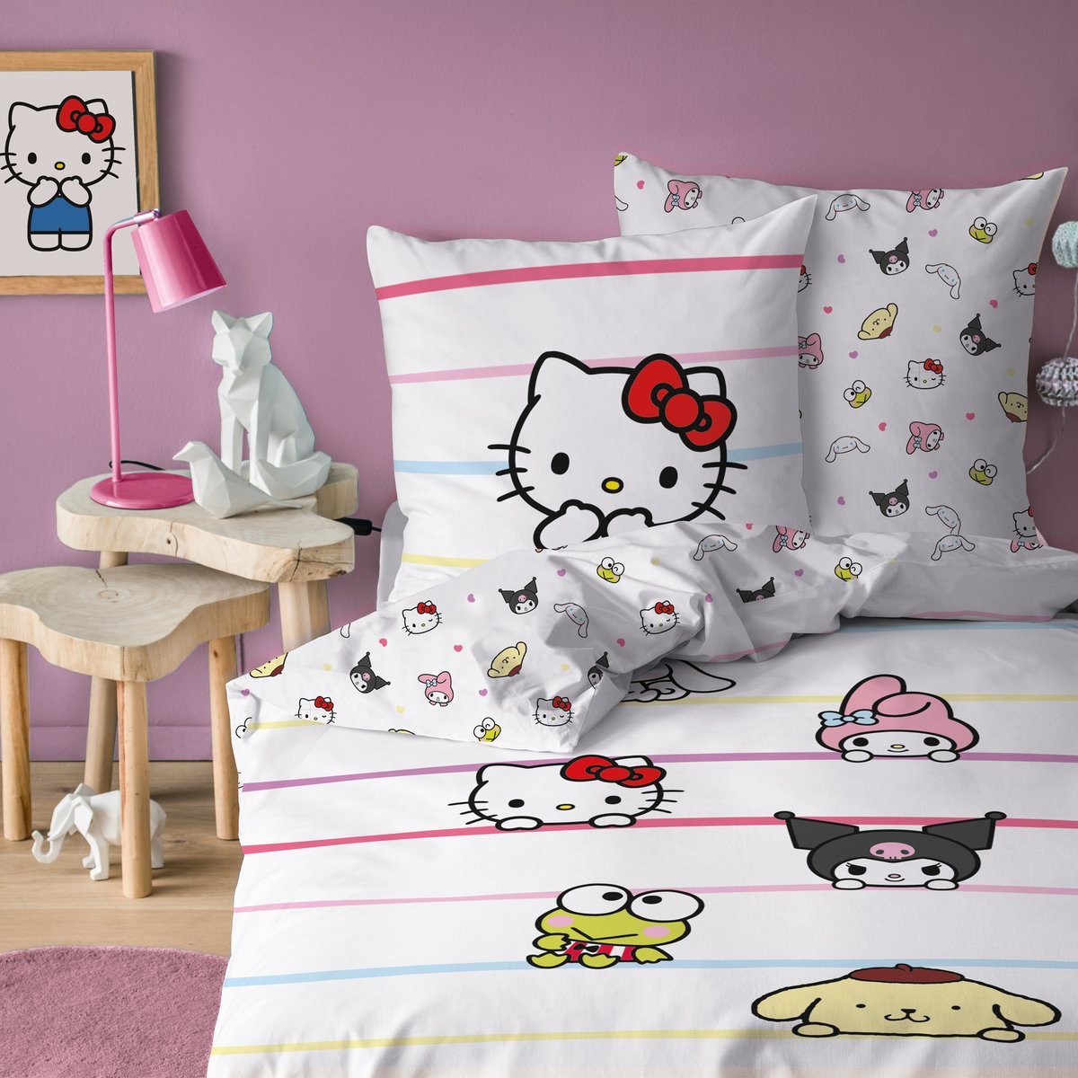 Parure de lit imprimée 100% coton, FRIENDLY blanc, HELLO KITTY