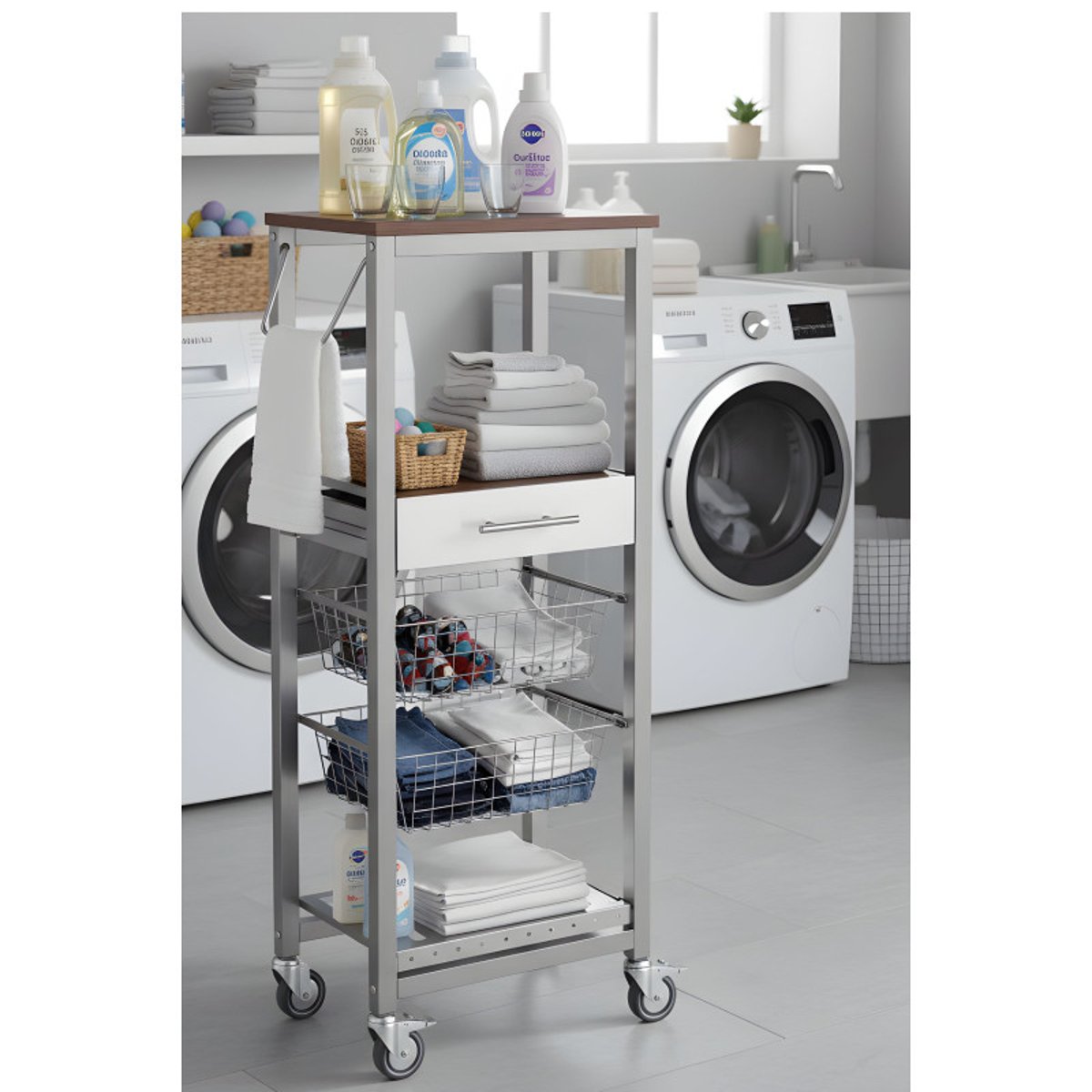 Chariot de cuisine haut ONDA ALUMINIUM, Meuble de rangement multifonction avec paniers, tiroir et porte-bouteilles cerisier le gard, DON HIERRO
