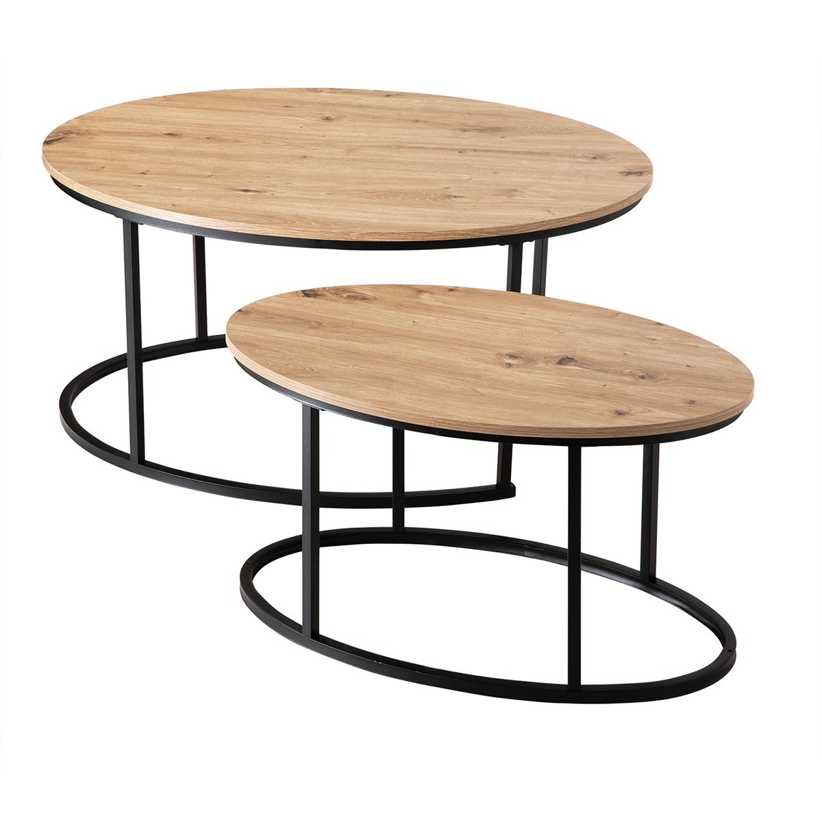 Lot de 2 tables basses gigognes ovales LENNY bois clair, CALICOSY