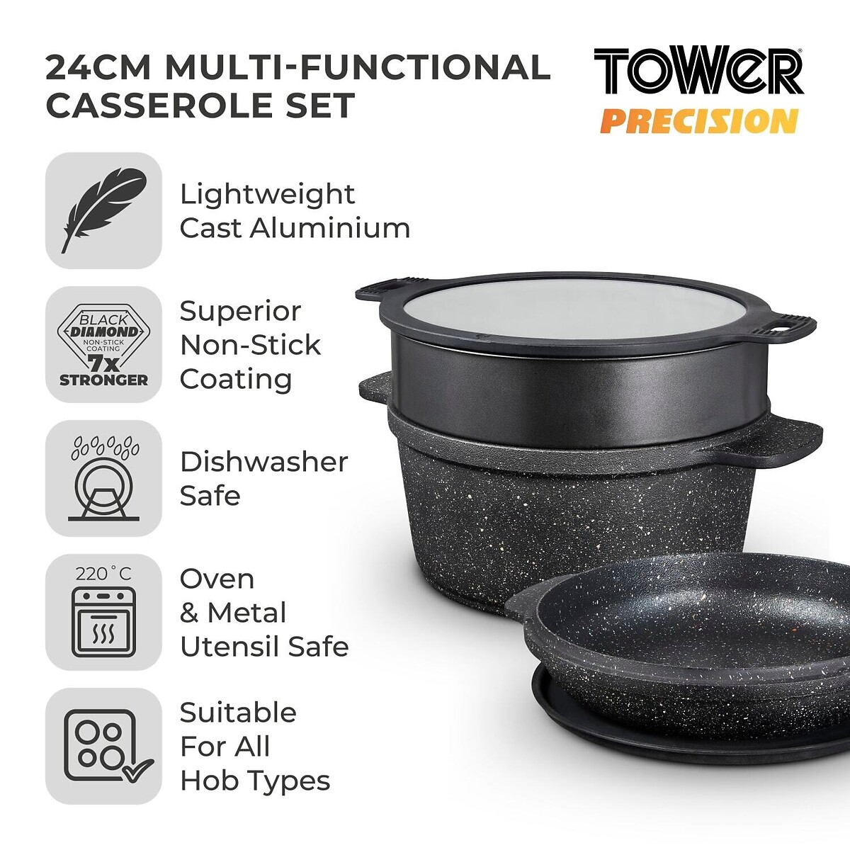 24cm Precision Multi-Function Casserole black, TOWER