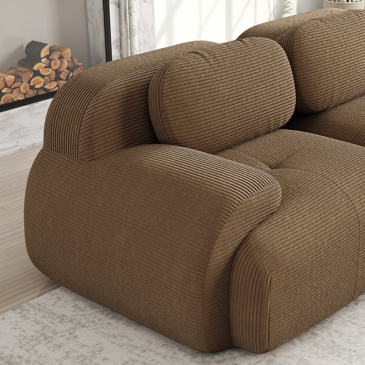 Canapé d'angle réversible 2 places avec pouf en velours côtelé, SNOW marron, MEUBLES COSY