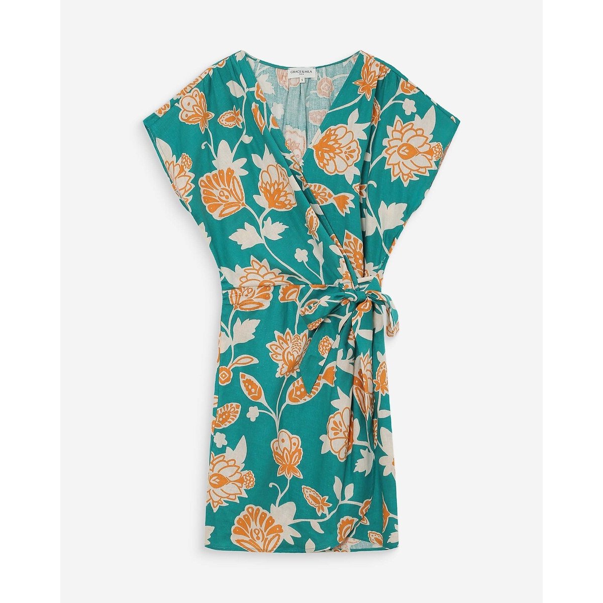 Robe courte portefeuille imprimée VELORA imprimé vert, GRACE & MILA