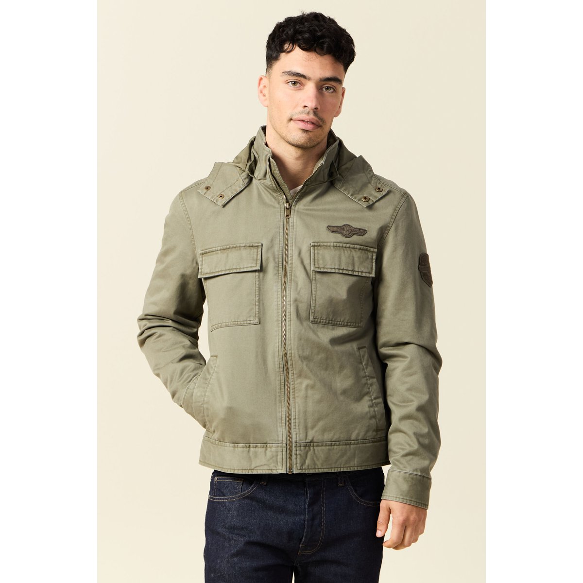 Blouson col montant à capuche vert kaki, BONOBO