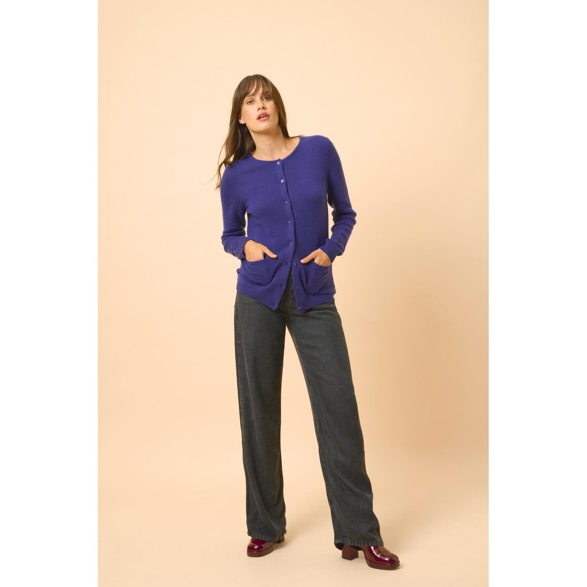 Cardigan Col Rond Purple Katharine violet foncé, JUST CASHMERE