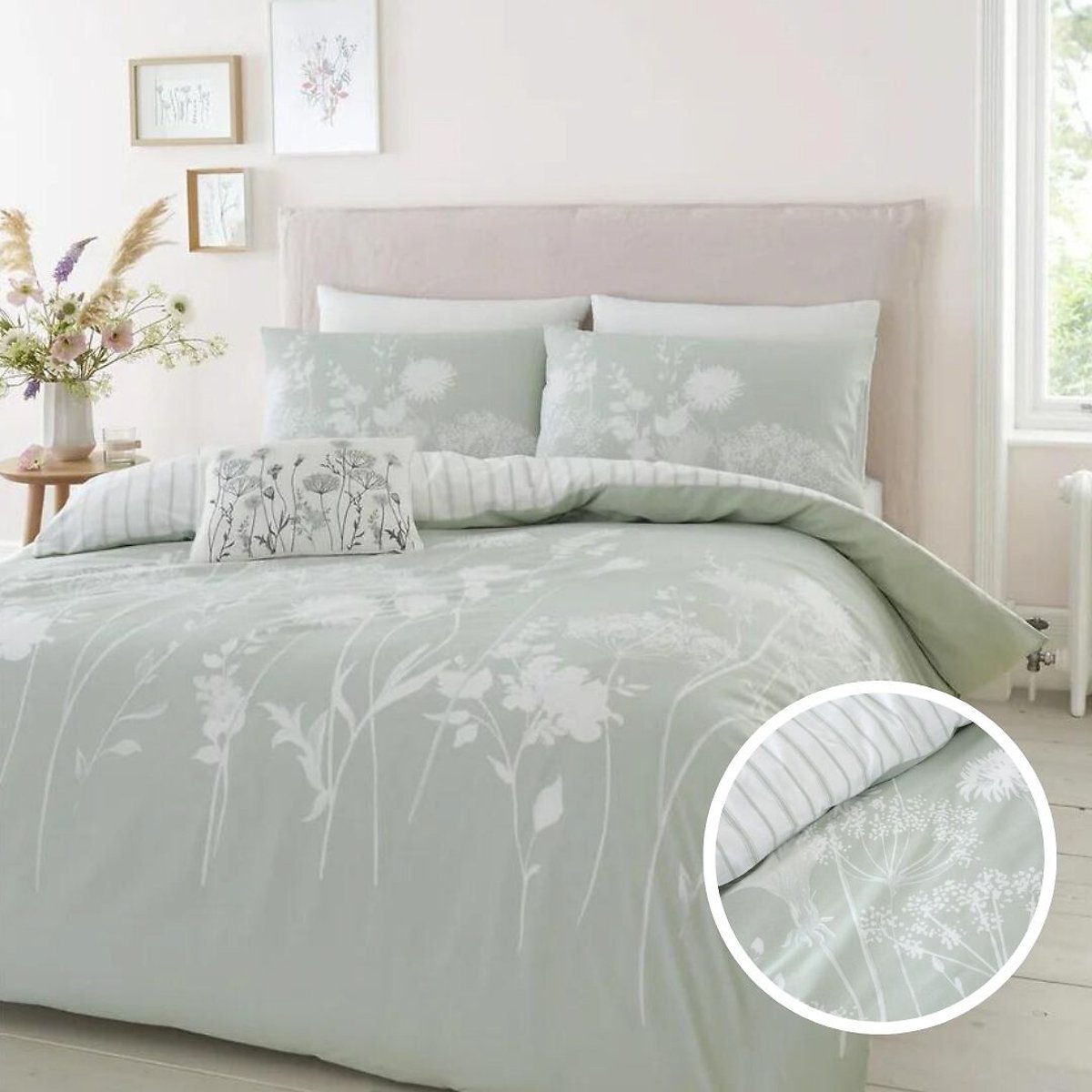 Meadowsweet Floral Easy Care Cotton Mix Duvet Cover and Pillowcase Set green, CATHERINE LANSFIELD