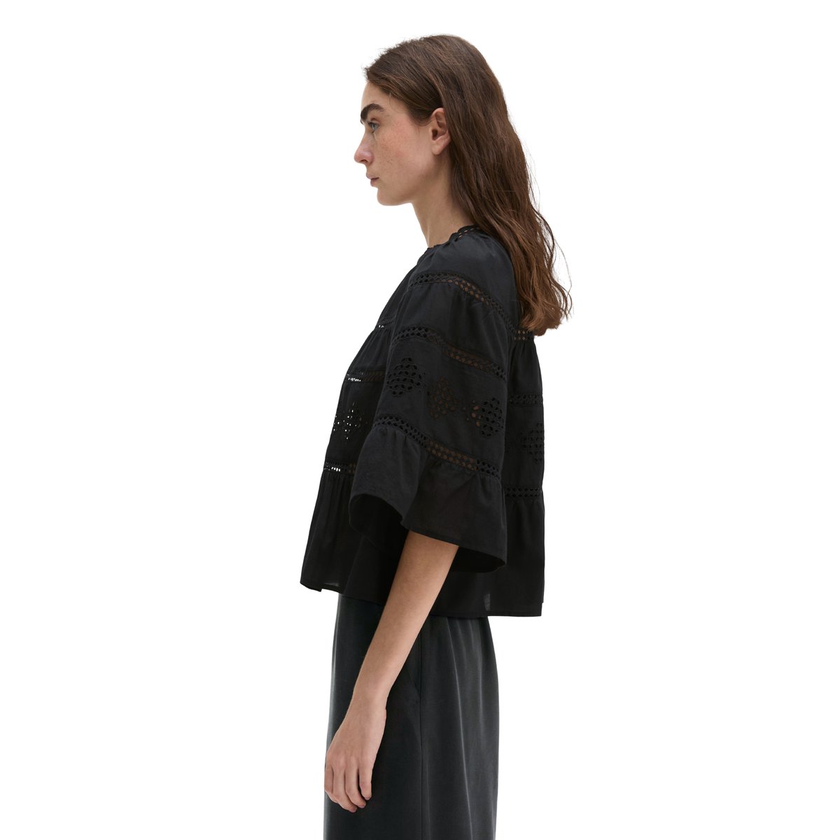 Blouse boho de style folklorique relaxed en voile de coton brodé noir, MARC O'POLO