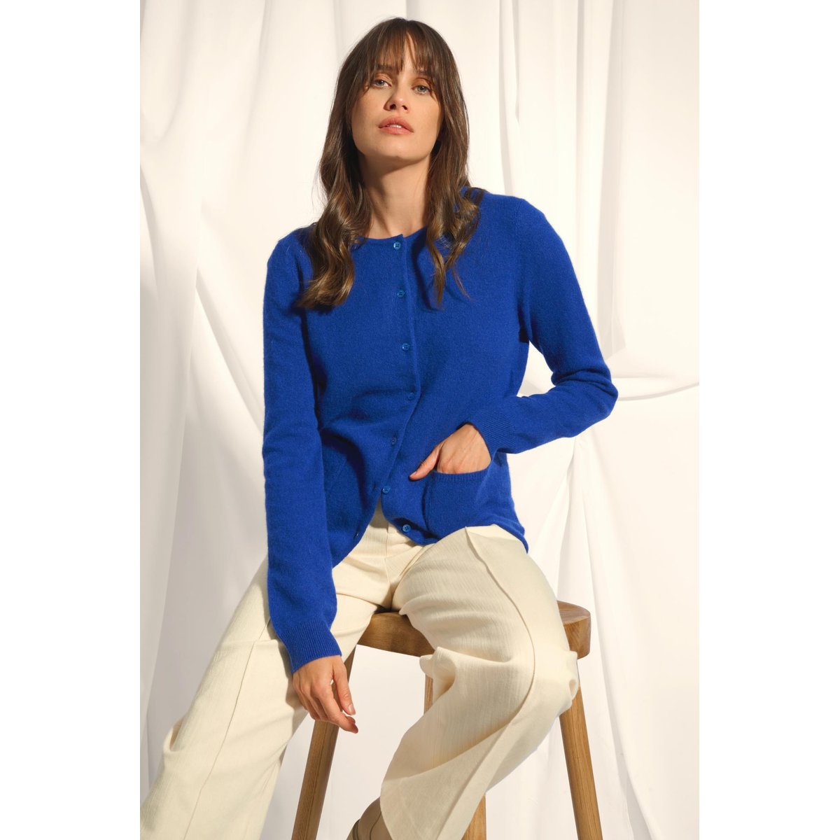 Cardigan Col Rond Outremer Katharine bleu foncé, JUST CASHMERE