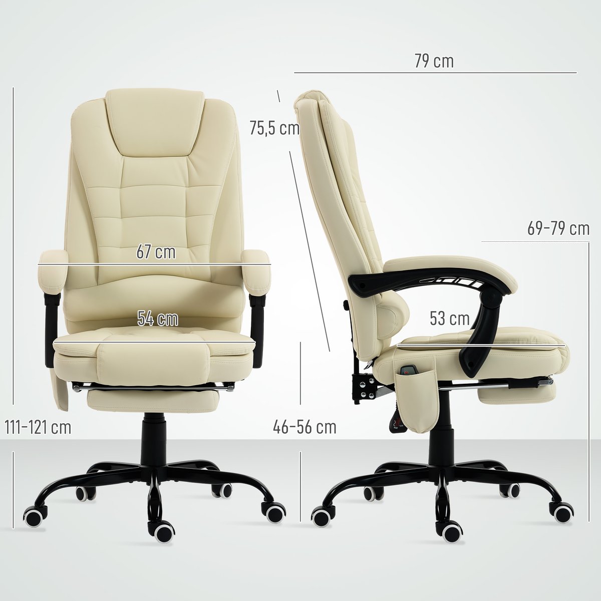 Fauteuil de bureau avec fonction massage beige, HOMCOM