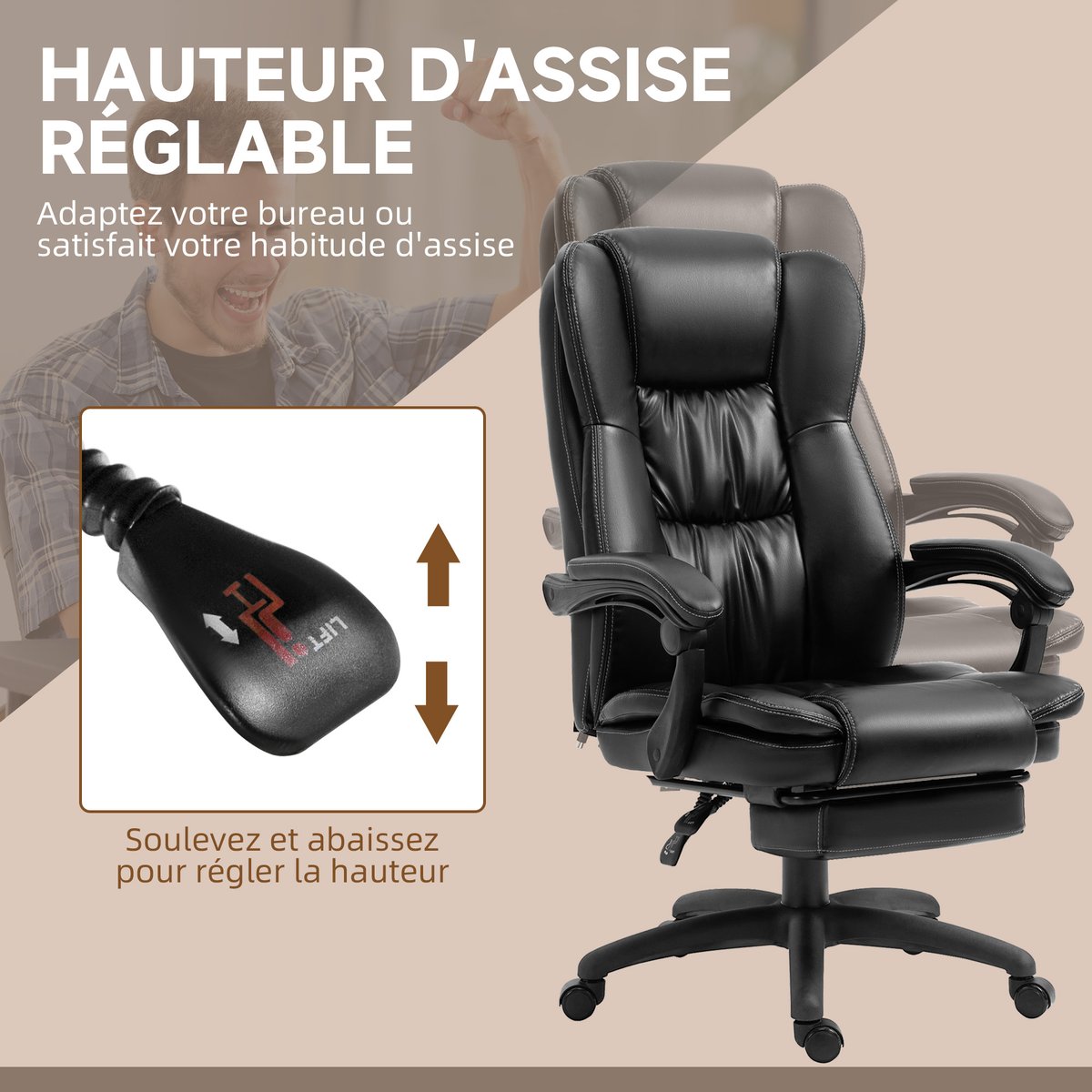 Fauteuil de bureau avec fonction massage noir, HOMCOM