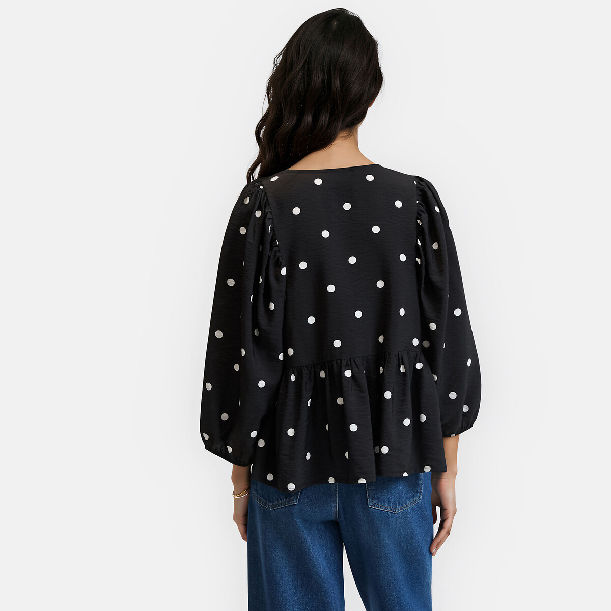 Blusa con lazos, de lunares y mangas abullonadas estampado lunares negro/blanco, LA REDOUTE COLLECTIONS