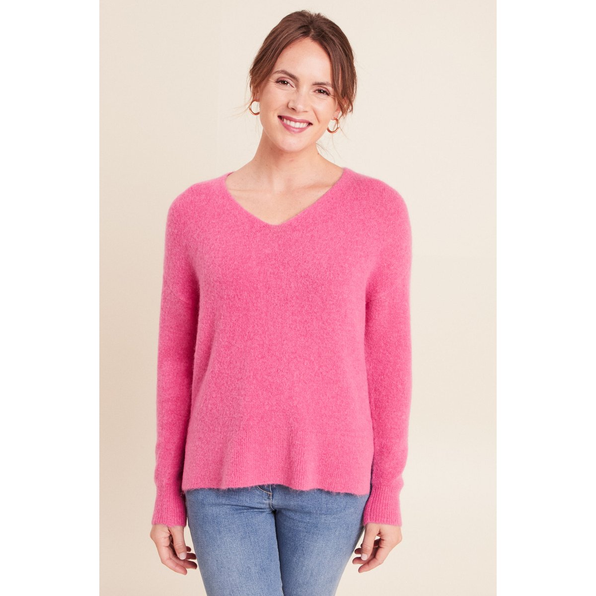 Pull col v manches longues rose fushia, BREAL