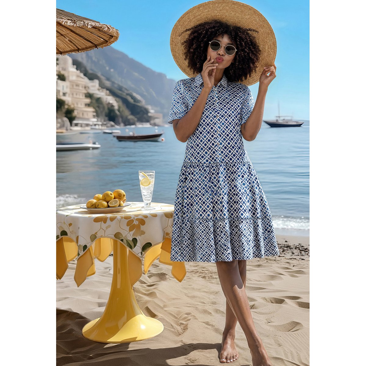 Robe-chemisier à motifs blanc/bleu, CARTOON