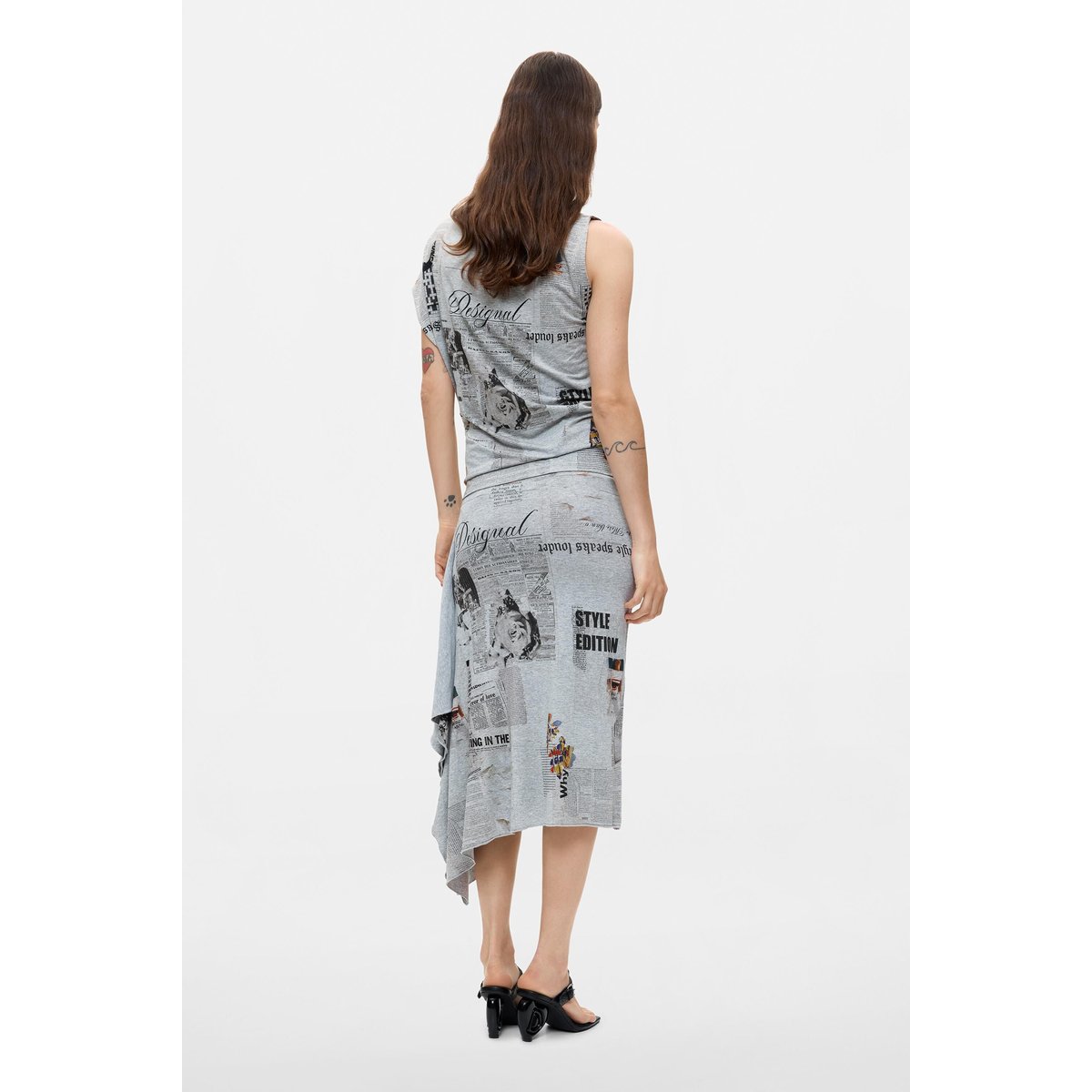 Jupe asymétrique imprimée gris, DESIGUAL