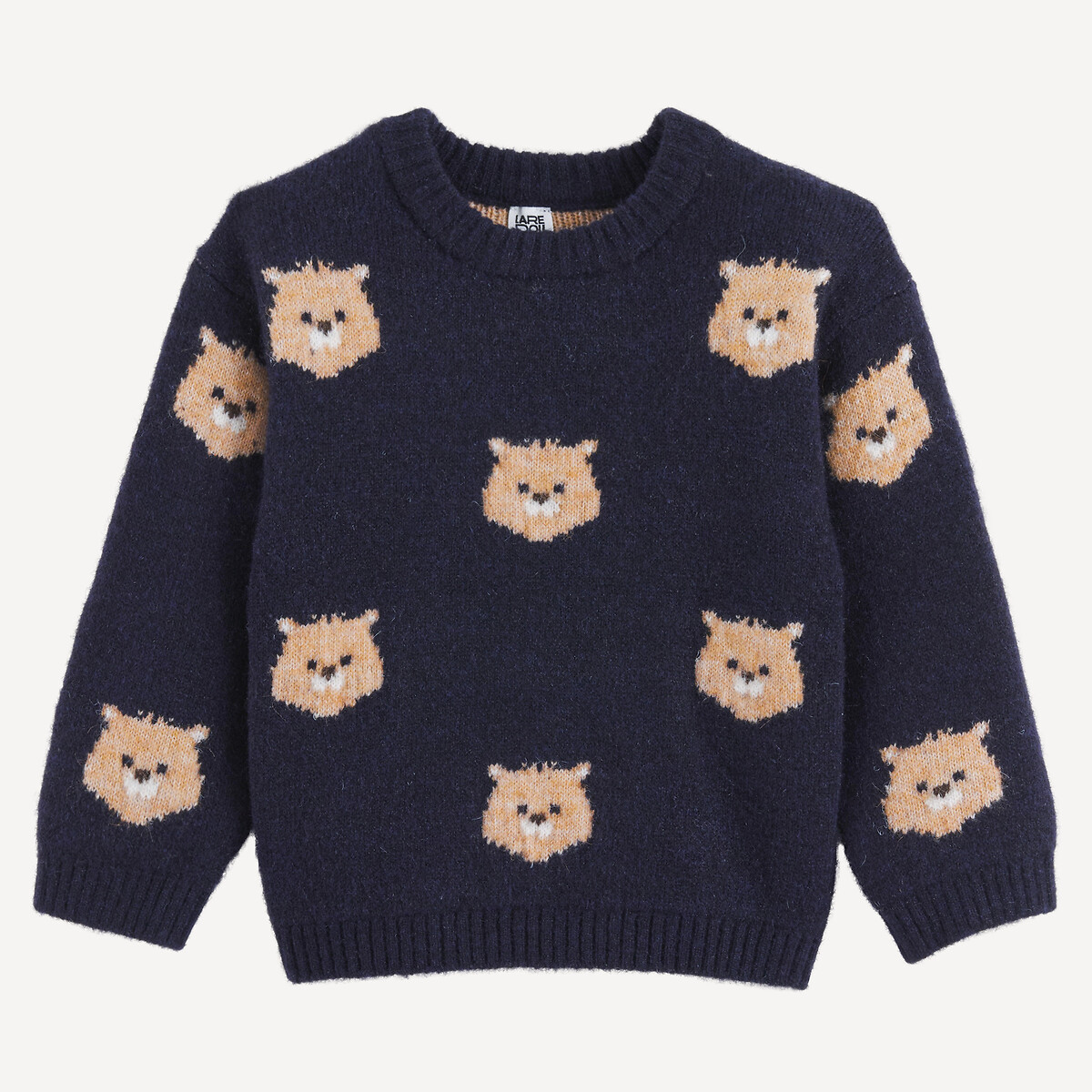 Jacquard bear print chunky knit crew neck jumper navy blue, LA REDOUTE COLLECTIONS