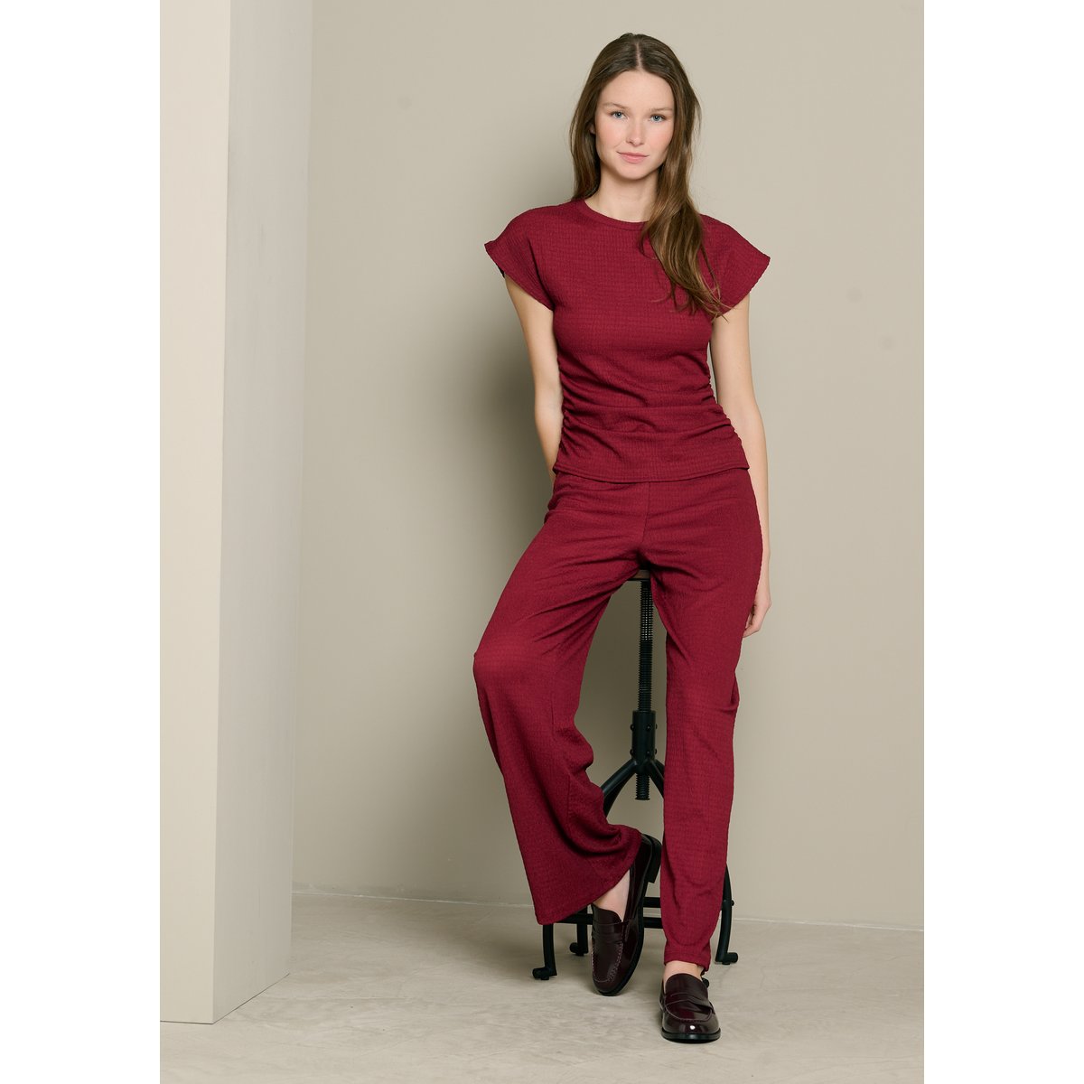 Top texturé drapé bordeau wine, LOLALIZA